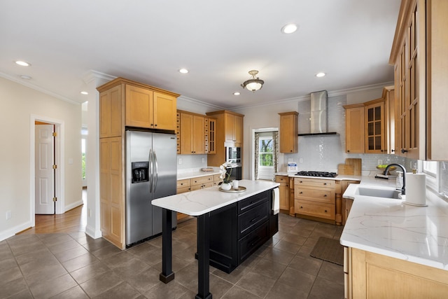4301 Ravens Crest Ln, Lexington, KY 40515 - kitchen featuring wall chimney range hood, stainless steel appliances, ornamental molding, recessed lighting, and backsplash