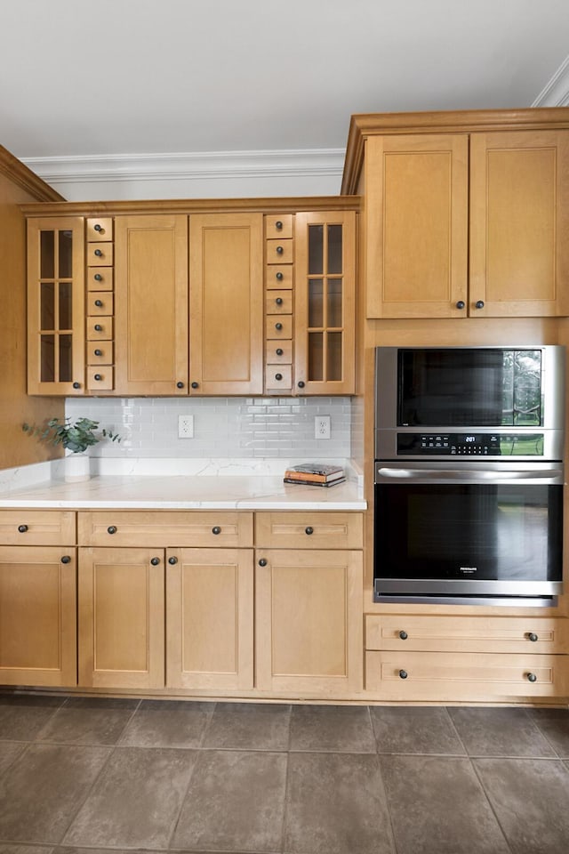 4301 Ravens Crest Ln, Lexington, KY 40515 - kitchen with ornamental molding, glass insert cabinets, light countertops, black microwave, and tasteful backsplash