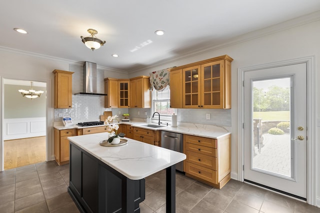 4301 Ravens Crest Ln, Lexington, KY 40515 - kitchen featuring wall chimney exhaust hood, a sink, stainless steel dishwasher, ornamental molding, and a center island