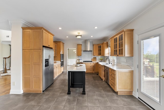 4301 Ravens Crest Ln, Lexington, KY 40515 - kitchen featuring stainless steel appliances, wall chimney exhaust hood, light countertops, a sink, and ornamental molding