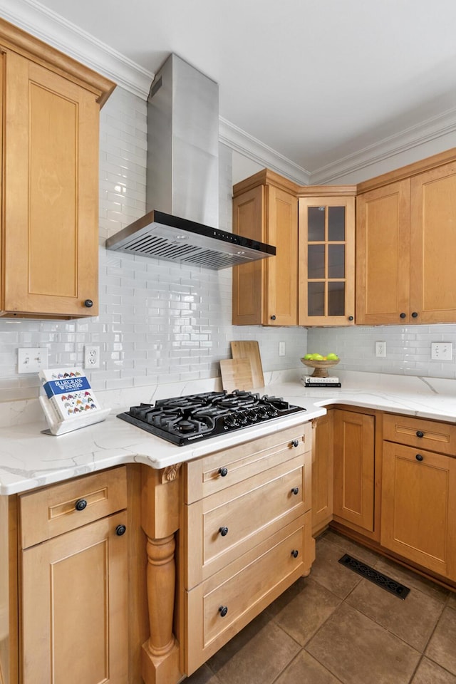 4301 Ravens Crest Ln, Lexington, KY 40515 - kitchen with wall chimney range hood, black gas cooktop, tasteful backsplash, ornamental molding, and glass insert cabinets