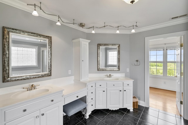 4301 Ravens Crest Ln, Lexington, KY 40515 - bathroom featuring tile patterned flooring, ornamental molding, vanity, and track lighting