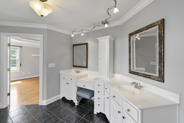 4301 Ravens Crest Ln, Lexington, KY 40515 - full bathroom featuring crown molding, double vanity, tile patterned floors, and baseboards