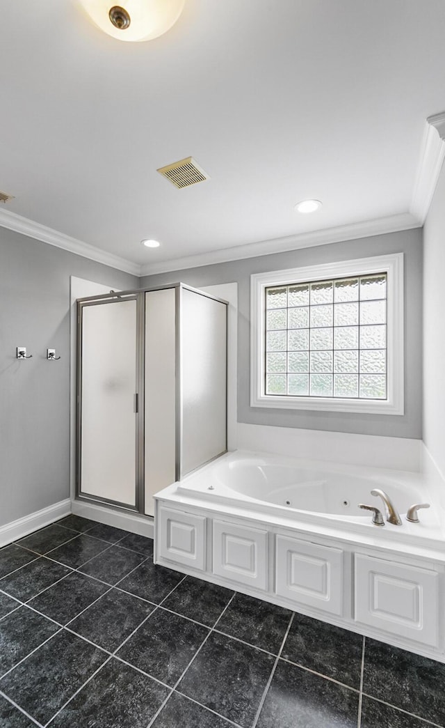 4301 Ravens Crest Ln, Lexington, KY 40515 - bathroom featuring ornamental molding, a whirlpool tub, a stall shower, recessed lighting, and baseboards