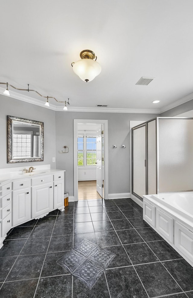 4301 Ravens Crest Ln, Lexington, KY 40515 - full bathroom with crown molding, a shower stall, vanity, a bath, and tile patterned flooring