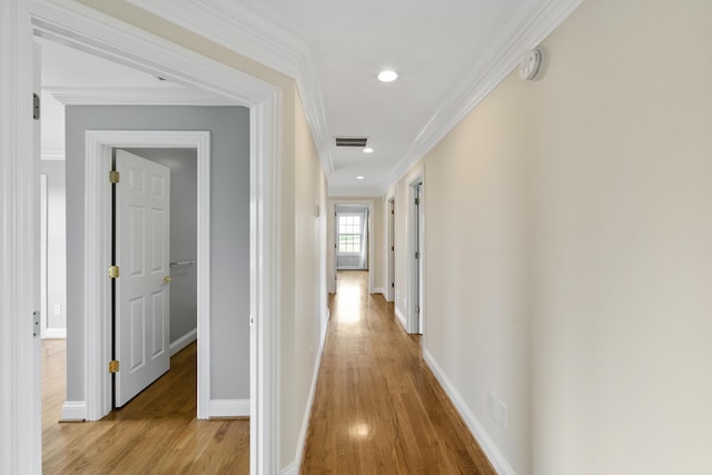 4301 Ravens Crest Ln, Lexington, KY 40515 - hallway with ornamental molding, light wood-style floors, baseboards, and recessed lighting