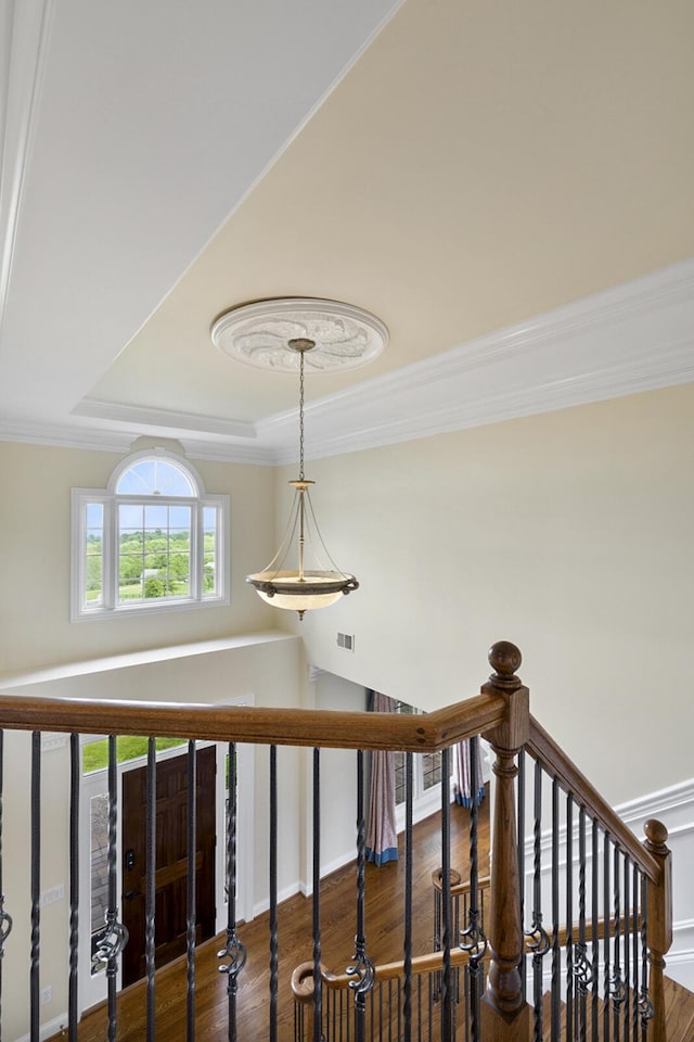 4301 Ravens Crest Ln, Lexington, KY 40515 - detailed view of a raised ceiling, wood finished floors, and crown molding