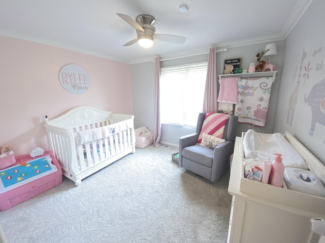 319 Huckleberry Ln, London, KY 40744 - carpeted bedroom featuring ornamental molding, a crib, and a ceiling fan