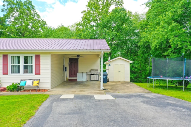 ranch-style house with a shed, driveway, an outbuilding, a trampoline, and a front lawn