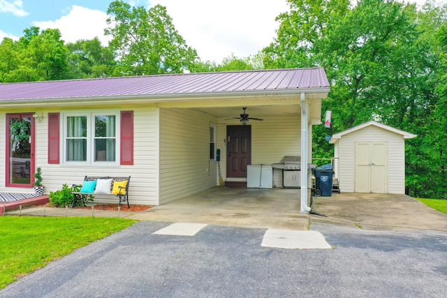 view of front of house with a storage shed, ceiling fan, driveway, and metal roof