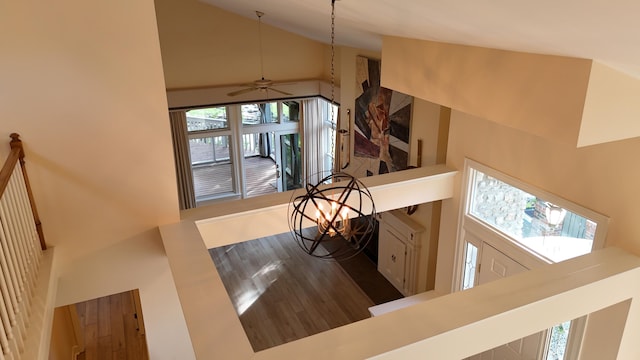 1667 Snow Goose Cir, Lexington, KY 40511 - stairway with high vaulted ceiling, healthy amount of natural light, ceiling fan, and wood finished floors