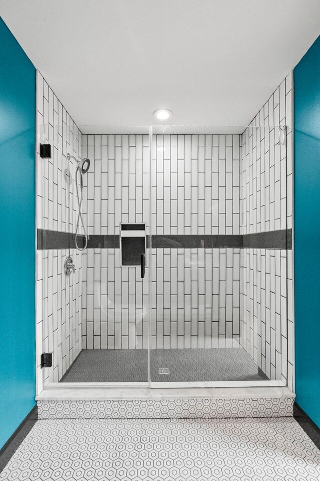 252 Cochran Rd, Lexington, KY 40502 - bathroom with a stall shower, recessed lighting, and tile patterned flooring