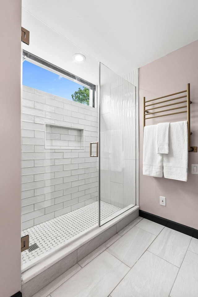252 Cochran Rd, Lexington, KY 40502 - full bathroom with a towel warming rack, a shower stall, tile patterned floors, and recessed lighting