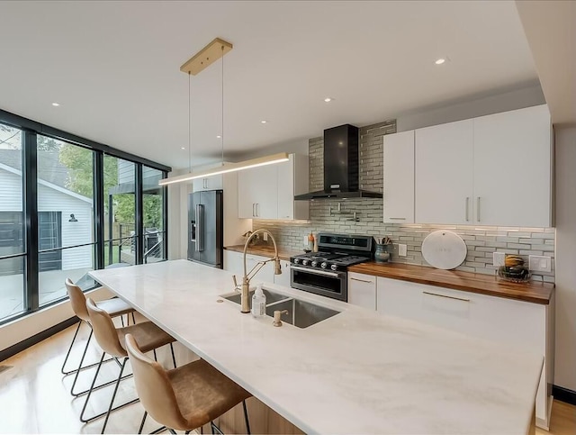 252 Cochran Rd, Lexington, KY 40502 - kitchen featuring wall chimney range hood, stainless steel appliances, a sink, backsplash, and expansive windows