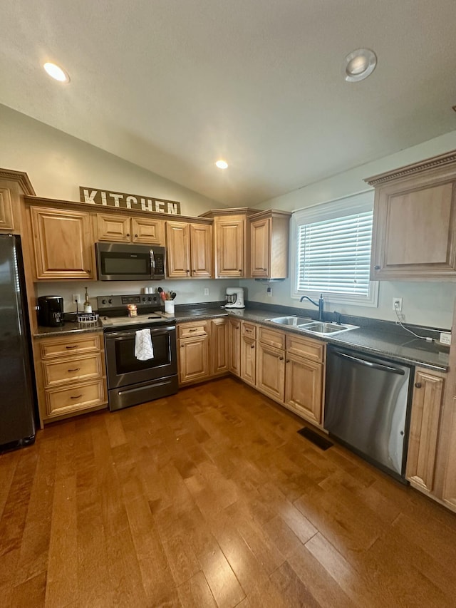 41 Logan Ln, London, KY 40744 - kitchen featuring stainless steel appliances, a sink, dark countertops, lofted ceiling, and dark wood-type flooring