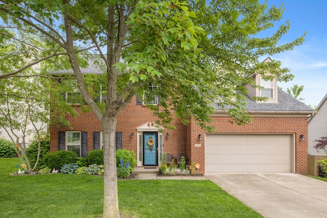 view of front facade featuring concrete driveway, a front yard, brick siding, a shingled roof, and a garage