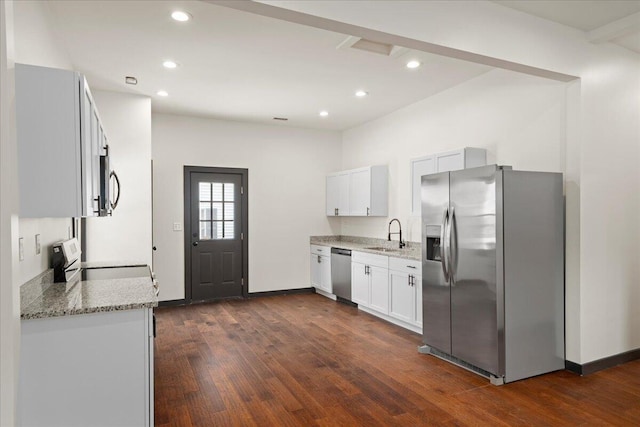 224 Douglas Ave, Versailles, KY 40383 - kitchen featuring stainless steel appliances, dark wood finished floors, light stone countertops, recessed lighting, and baseboards