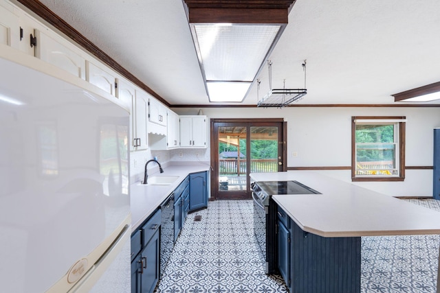 10708 Battlefield Memorial Hwy, Berea, KY 40403 - kitchen with blue cabinetry, stainless steel electric range oven, fridge, a sink, and light countertops