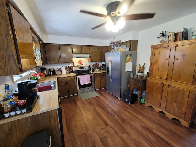 1267 Crab Orchard Rd, Lancaster, KY 40444 - kitchen with stainless steel appliances, extractor fan, light countertops, a ceiling fan, and dark wood finished floors