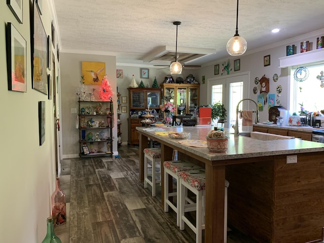 1306 Johnson Rd, Harrodsburg, KY 40330 - kitchen with a textured ceiling, dark wood-type flooring, a sink, hanging light fixtures, and light countertops