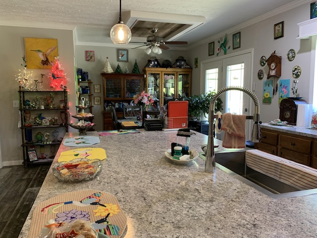 1306 Johnson Rd, Harrodsburg, KY 40330 - kitchen with ceiling fan, ornamental molding, a sink, dark wood-type flooring, and pendant lighting