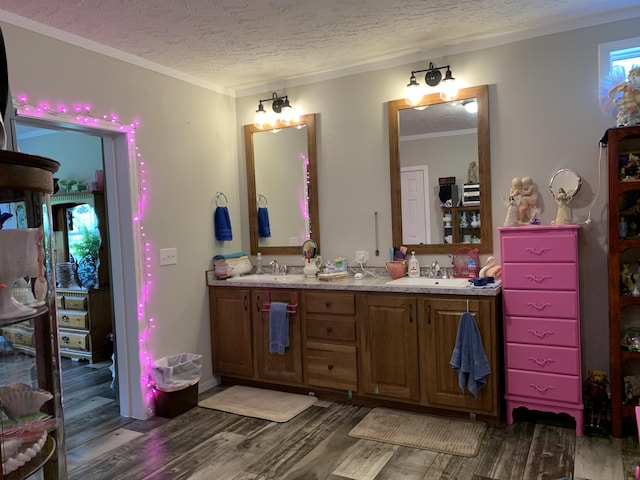 1306 Johnson Rd, Harrodsburg, KY 40330 - full bath featuring a textured ceiling, ornamental molding, wood finished floors, and double vanity