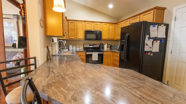 3659 Leisure Creek Ct, Lexington, KY 40517 - kitchen featuring black appliances, a sink, vaulted ceiling, a peninsula, and brown cabinetry