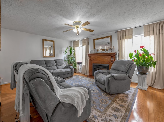356 Weslyn Way, Nicholasville, KY 40356 - living area featuring ceiling fan, wood finished floors, a glass covered fireplace, and a textured ceiling