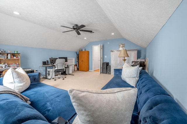 356 Weslyn Way, Nicholasville, KY 40356 - living room featuring carpet floors, a textured ceiling, a desk, vaulted ceiling, and ceiling fan