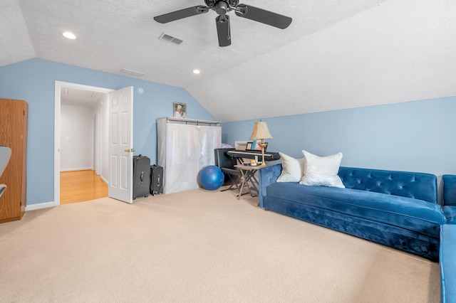 356 Weslyn Way, Nicholasville, KY 40356 - sitting room featuring carpet flooring, lofted ceiling, a ceiling fan, recessed lighting, and a textured ceiling