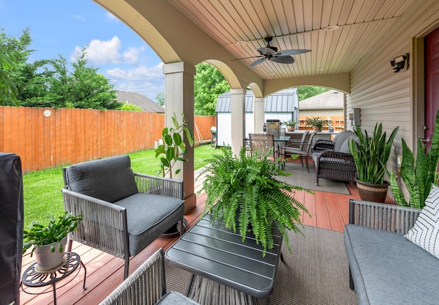 356 Weslyn Way, Nicholasville, KY 40356 - deck featuring outdoor lounge area, outdoor dining area, a fenced backyard, and a ceiling fan