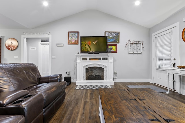 281 Meridian Way, Richmond, KY 40475 - living area featuring vaulted ceiling, dark wood-style floors, baseboards, and a premium fireplace