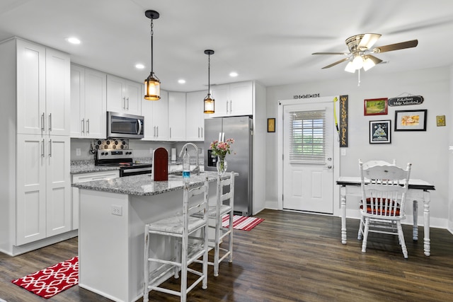 281 Meridian Way, Richmond, KY 40475 - kitchen with appliances with stainless steel finishes, ceiling fan, dark wood-type flooring, white cabinetry, and recessed lighting