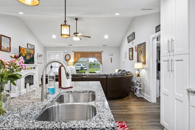 281 Meridian Way, Richmond, KY 40475 - kitchen featuring a sink, lofted ceiling, a ceiling fan, dark wood-style floors, and light stone countertops