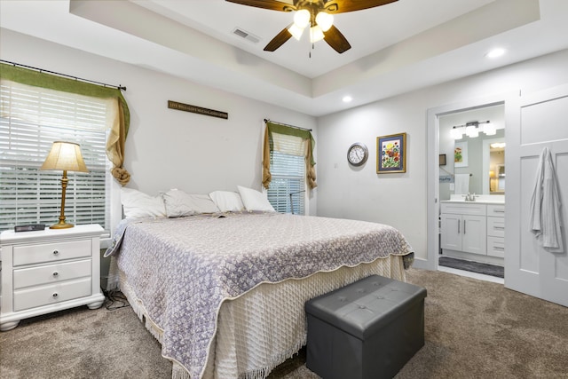 281 Meridian Way, Richmond, KY 40475 - bedroom with carpet floors, recessed lighting, a sink, connected bathroom, and a tray ceiling