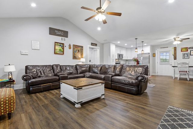 281 Meridian Way, Richmond, KY 40475 - living area with ceiling fan, dark wood finished floors, vaulted ceiling, recessed lighting, and baseboards