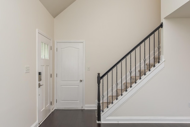 101 Brookford Way, Georgetown, KY 40324 - entryway featuring stairs, dark wood-style floors, high vaulted ceiling, and baseboards