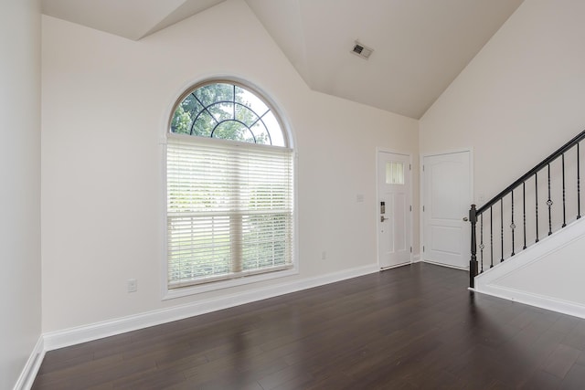 101 Brookford Way, Georgetown, KY 40324 - foyer entrance featuring stairway, high vaulted ceiling, dark wood finished floors, and baseboards