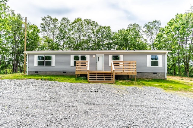 2832 Two Mile Rd, Winchester, KY 40391 - manufactured / mobile home featuring crawl space, a wooden deck, and view of scattered trees