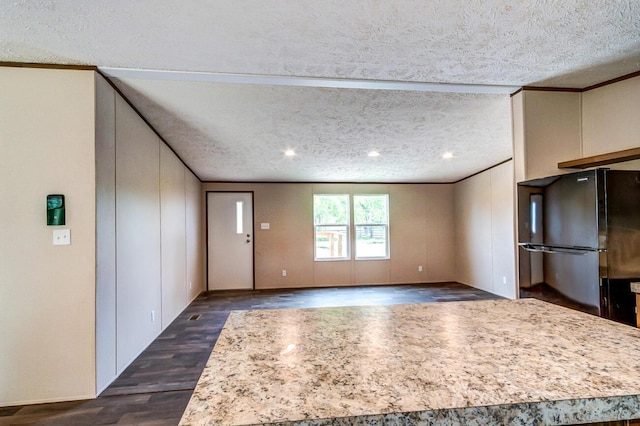 2832 Two Mile Rd, Winchester, KY 40391 - kitchen featuring freestanding refrigerator, dark wood finished floors, a textured ceiling, light countertops, and ornamental molding