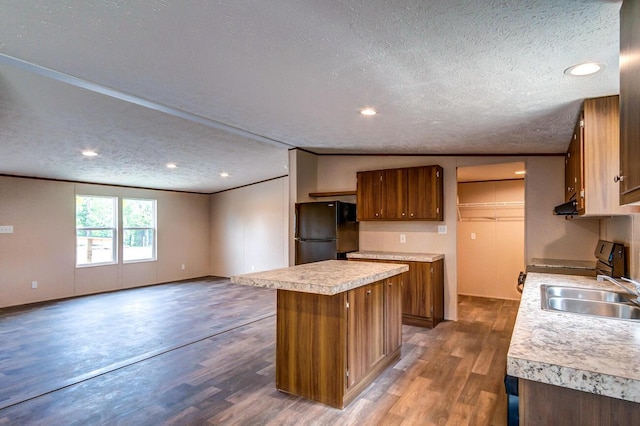 2832 Two Mile Rd, Winchester, KY 40391 - kitchen featuring freestanding refrigerator, a sink, light countertops, dark wood-style floors, and a textured ceiling