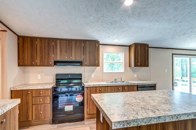 2832 Two Mile Rd, Winchester, KY 40391 - kitchen with black appliances, under cabinet range hood, a sink, a textured ceiling, and light wood-type flooring