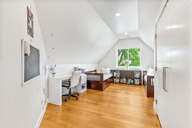 1251 Wilmore Rd, Nicholasville, KY 40356 - office featuring wood-type flooring, lofted ceiling, and recessed lighting