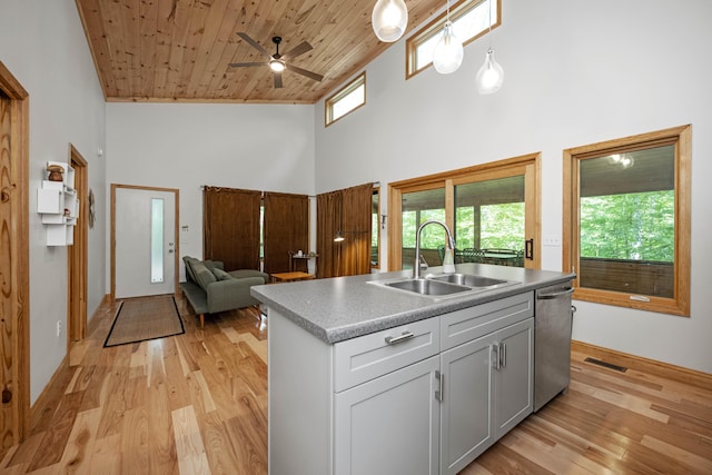 3786 Shoemaker Rdg, Beattyville, KY 41311 - kitchen featuring a sink, high vaulted ceiling, stainless steel dishwasher, wooden ceiling, and light wood finished floors