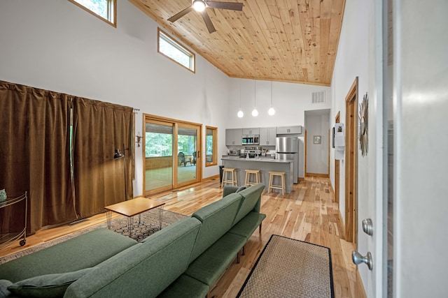 3786 Shoemaker Rdg, Beattyville, KY 41311 - living area with high vaulted ceiling, wood ceiling, ceiling fan, light wood-style flooring, and baseboards