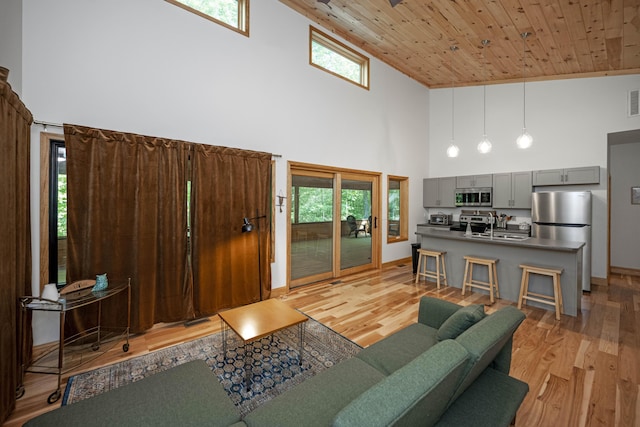 3786 Shoemaker Rdg, Beattyville, KY 41311 - living room with high vaulted ceiling, wooden ceiling, light wood finished floors, and baseboards