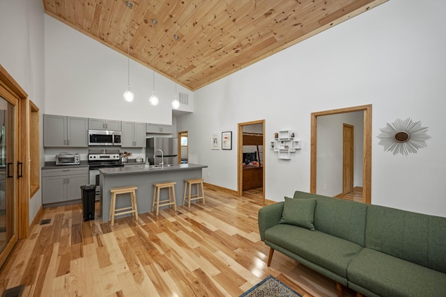 3786 Shoemaker Rdg, Beattyville, KY 41311 - living room featuring high vaulted ceiling, wood ceiling, light wood finished floors, and baseboards