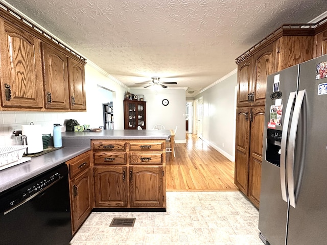 498 Winding Blade Rd, East Bernstadt, KY 40729 - kitchen with stainless steel refrigerator with ice dispenser, dishwasher, a peninsula, crown molding, and ceiling fan