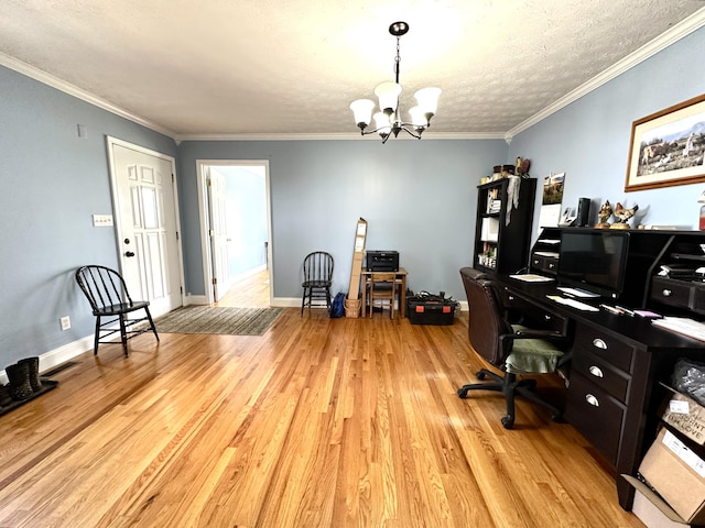 498 Winding Blade Rd, East Bernstadt, KY 40729 - office area with a chandelier, light wood-style flooring, ornamental molding, and baseboards