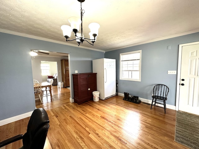498 Winding Blade Rd, East Bernstadt, KY 40729 - dining area with a chandelier, light wood-type flooring, crown molding, baseboards, and a textured ceiling